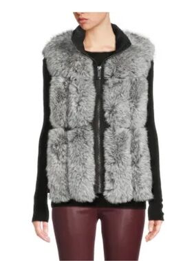 NWT Belle Fare Luxurious Grey Faux Fur Puffer Zip Vest Saks 5th Ave